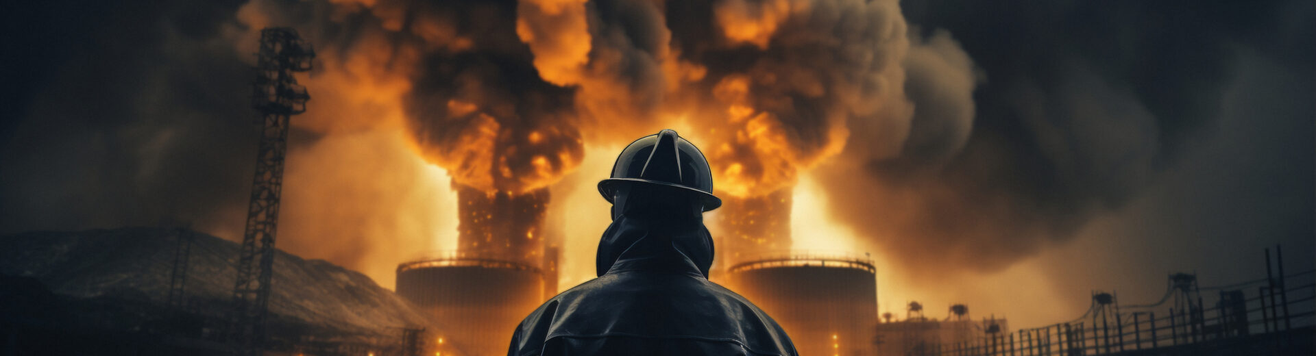 Um trabalhador observa, à distância, uma grande explosão em uma área industrial - CURSO ATMOSFERA EXPLOSIVA EX007