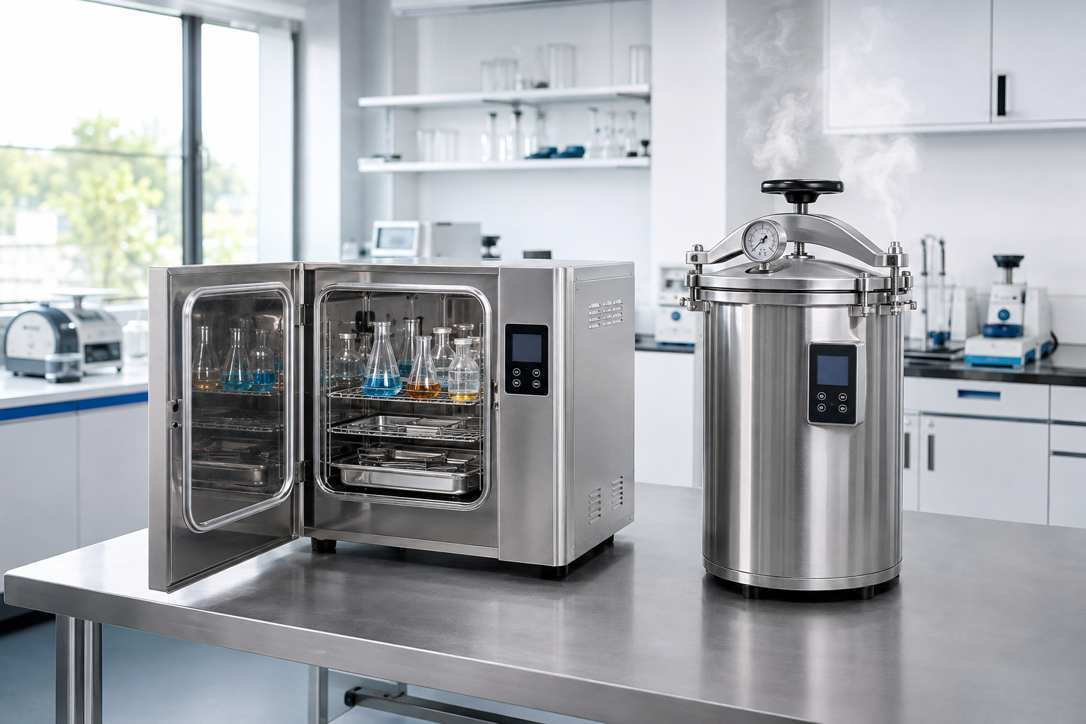 Equipamentos de esterilização em ambiente laboratorial, desenvolvidos para garantir controle de temperatura e pressão, eficiência operacional e segurança durante os processos de esterilização.