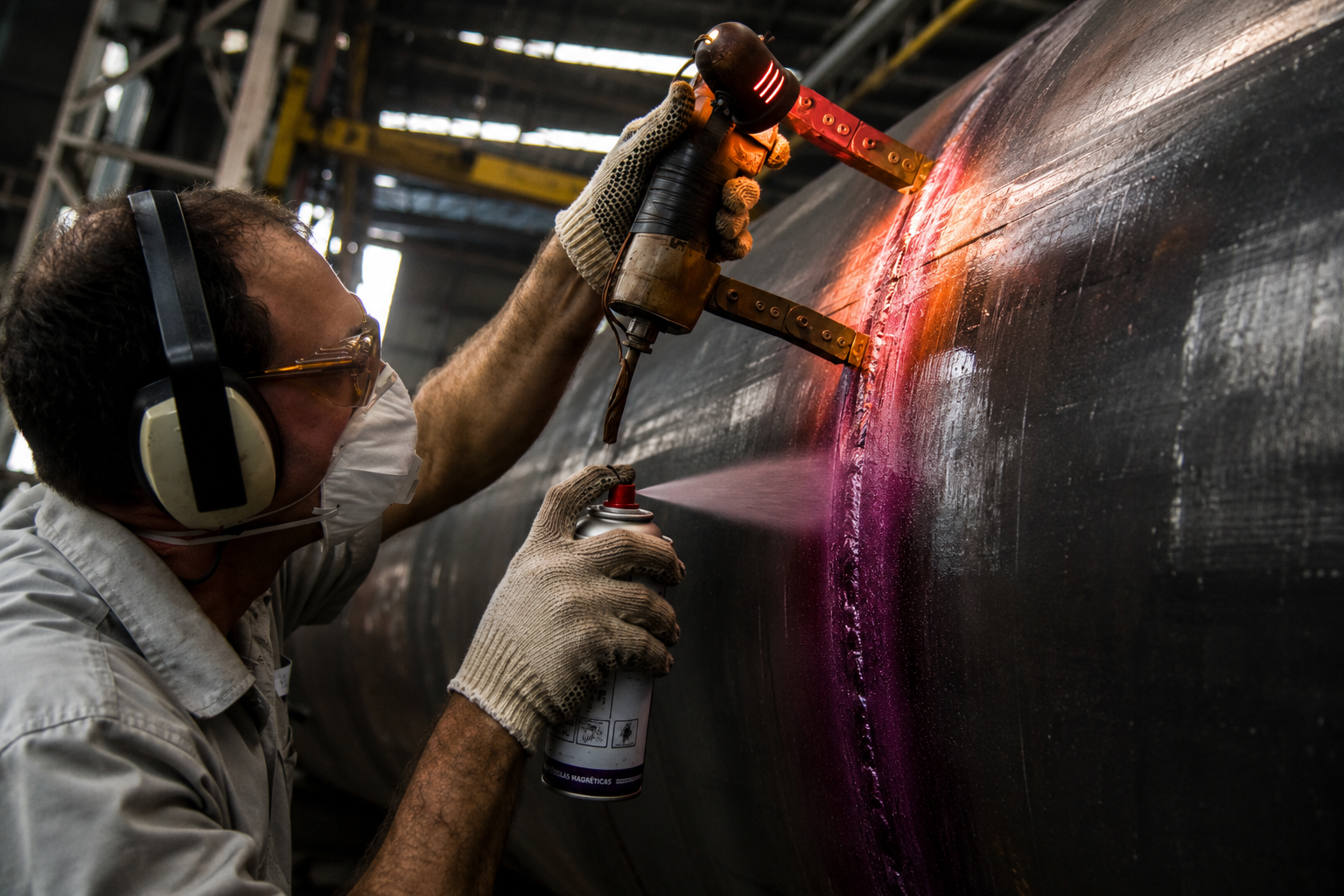 Inspetor realiza o Ensaio por Partículas Magnéticas em uma solda de tubulação, utilizando yoke magnético e spray revelador para identificar trincas e outras descontinuidades superficiais.
