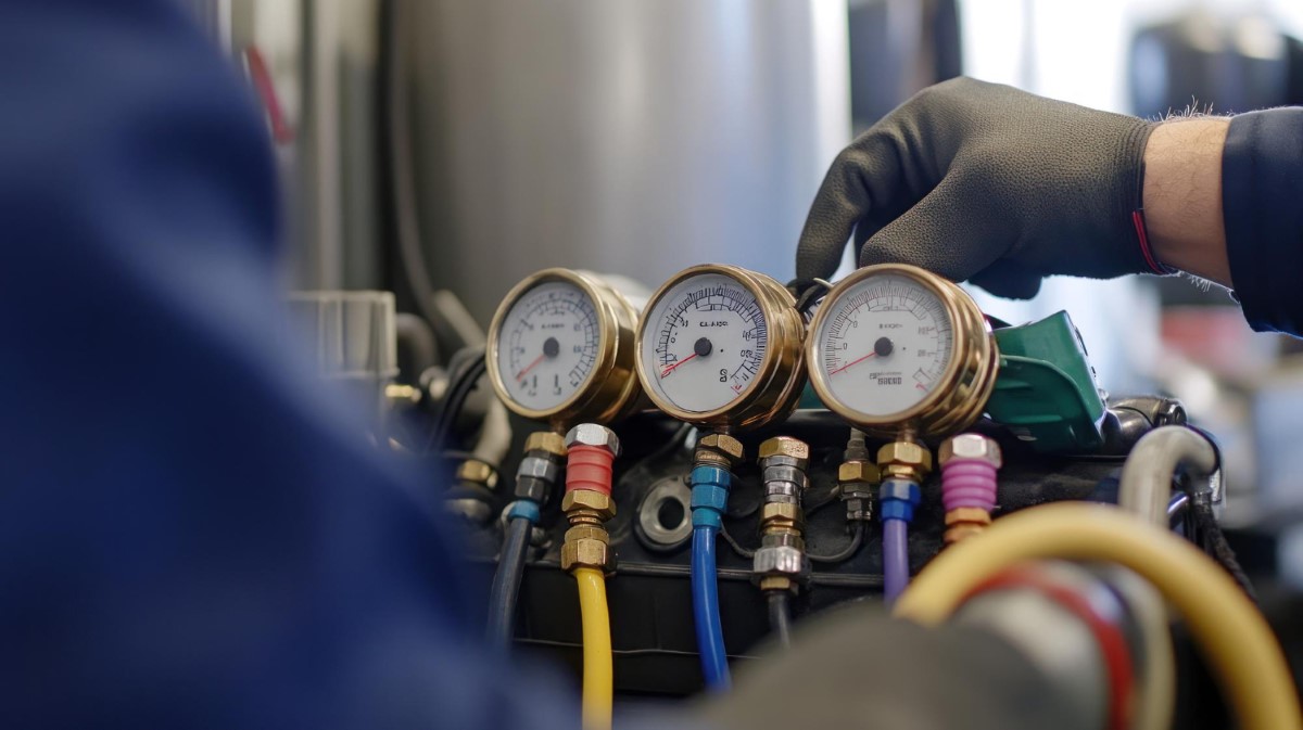 Ajuste e leitura dos manômetros para confirmar equilíbrio térmico e pneumático, garantindo operação dentro dos parâmetros recomendados.