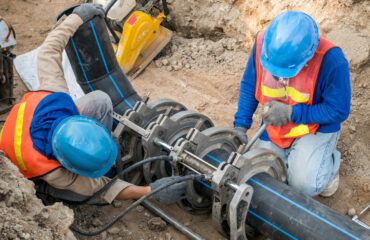 Manutenção Predial: Trabalhadores realizam a fusão de tubulações para minimizar perdas e garantir um fluxo de água eficiente, reduzindo o desperdício e otimizando recurs Manutenção Predial: Trabalhadores realizam a fusão de tubulações para minimizar perdas e garantir um fluxo de água eficiente, reduzindo o desperdício e otimizando recursos hídricos.