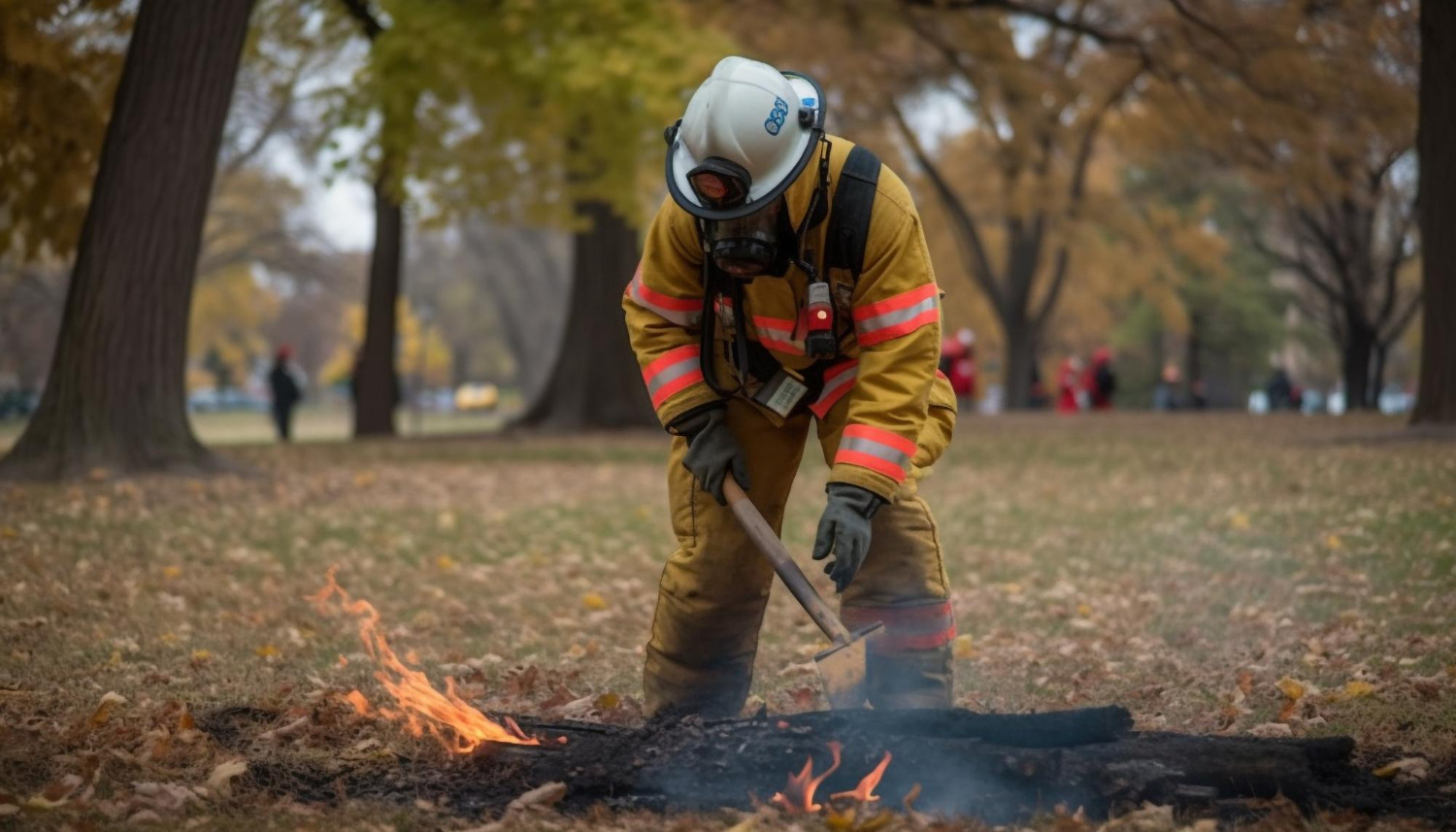 Um bombeiro com uniforme completo apaga brasas remanescentes em um parque. Este ato de contenção de faíscas reflete a importância de práticas proativas de controle de fontes de ignição em locais suscetíveis, alinhado com os princípios da NFPA 61. - Curso NFPA 61.