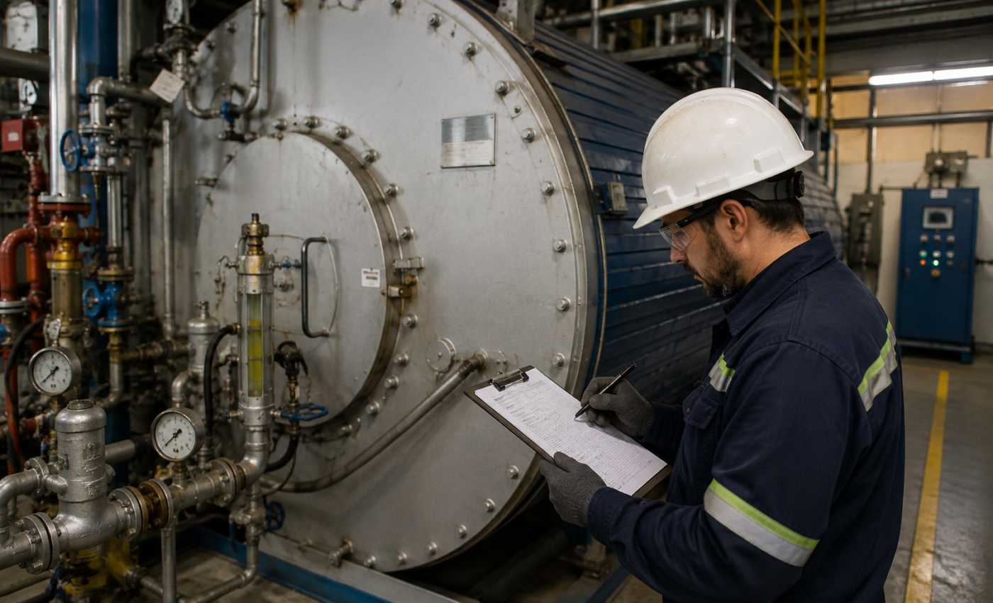 Profissional realiza inspeção visual e registro técnico das condições de uma caldeira, avaliando componentes, válvulas, tubulações e dispositivos de segurança para elaboração de laudo conforme os requisitos da NR-13.