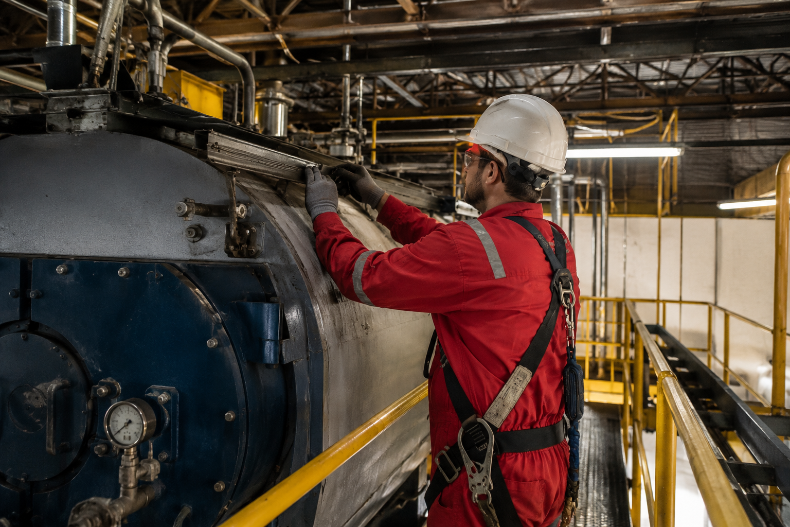 Profissional realiza inspeção e verificação de componentes de uma caldeira industrial em plataforma elevada, utilizando equipamentos de proteção individual e sistema de proteção contra quedas, como parte dos procedimentos de avaliação e elaboração de laudo técnico conforme a NR-13.