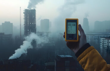 Detecção de poluição urbana medidor portátil de qualidade do ar é utilizado em um cenário industrial com altos níveis de emissões fugitivas, visando identificar gases poluentes e