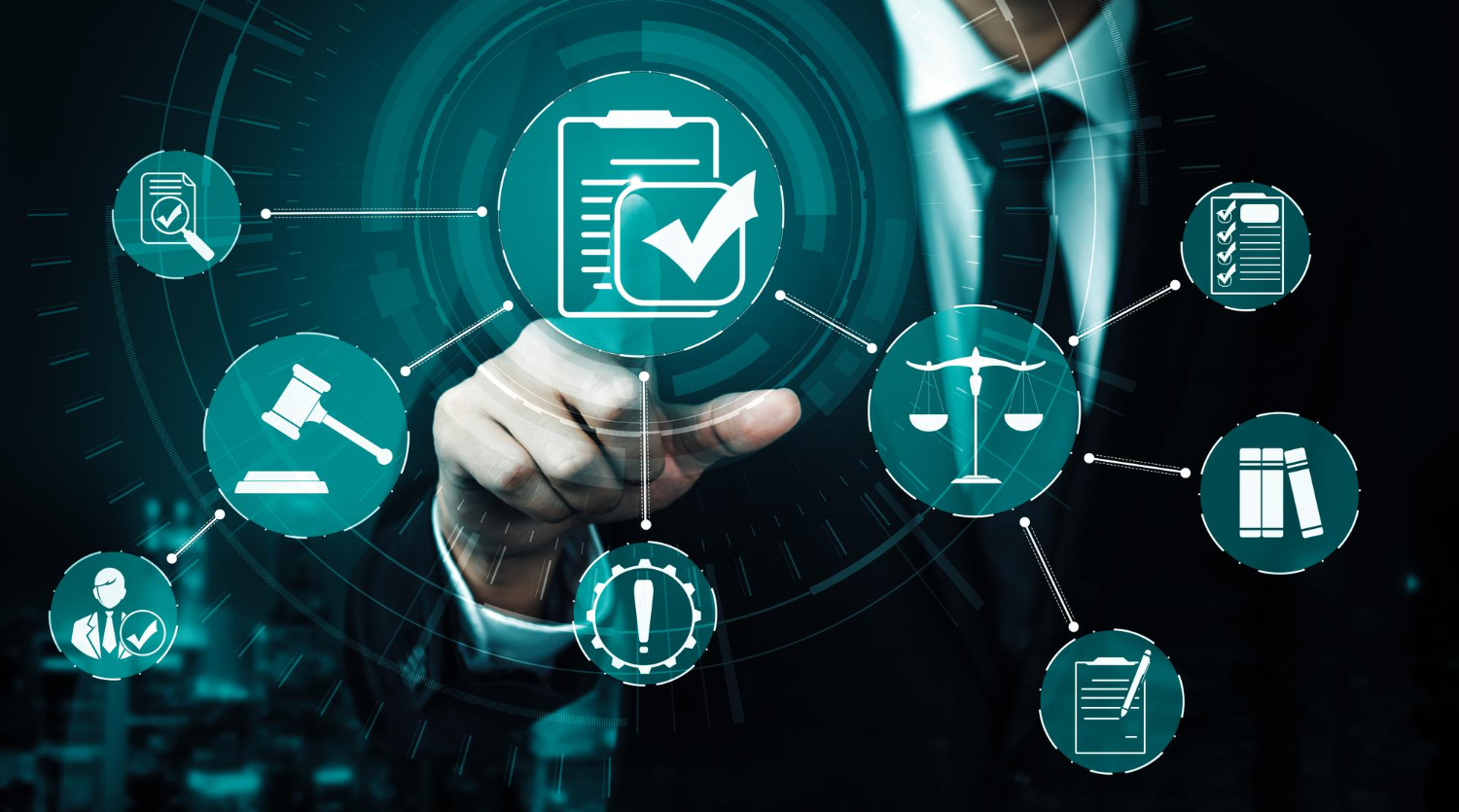 Foco no papel do compliance em processos corporativos, com ênfase em governança, legislação, auditorias e gestão de riscos. Um profissional interage com ícones virtuais, simbolizando tecnologia e responsabilidade.