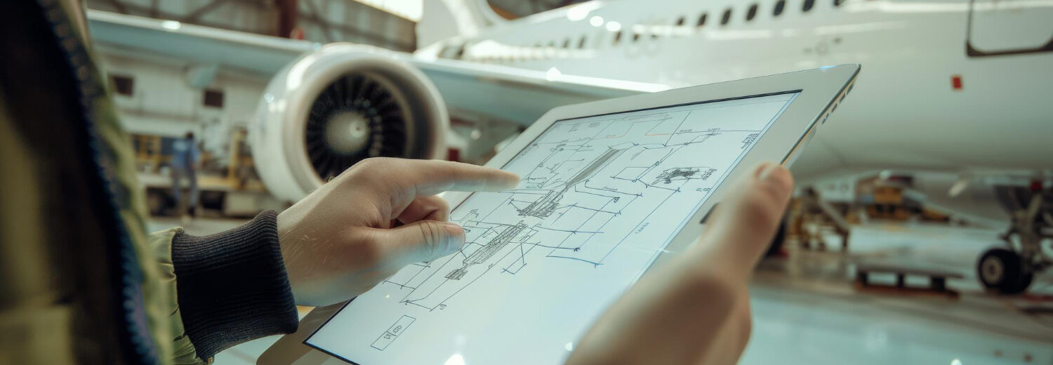 Profissional-utiliza-uma-planta-tecnica-em-um-tablet-para-checar-especificacoes-e-assegurar-que-a-aeronave-segue-os-padroes-de-engenharia-durante-a-inspecao. Curso Inspeção Aeronaves.