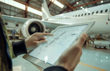 Profissional utiliza uma planta técnica em um tablet para checar especificações e assegurar que a aeronave segue os padrões de engenharia durante a inspeção. Profissional-utiliza-uma-planta-tecnica-em-um-tablet-para-checar-especificacoes-e-assegurar-que-a-aeronave-segue-os-padroes-de-engenharia-durante-a-inspecao. Curso Inspeção Aeronaves.