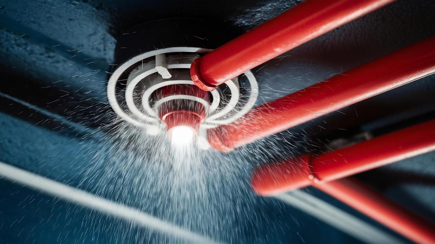 Sprinkler de resposta rápida em acionamento real – ativação térmica com liberação de água sob pressão. Sistema essencial para combate automático em edificações, conectado diretamente à rede alimentada por bomba principal + jockey.