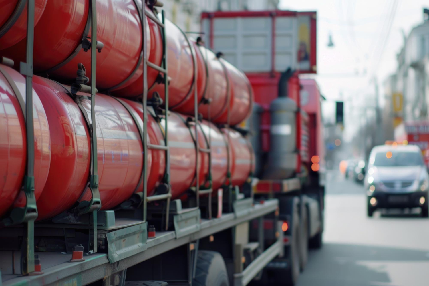 Veículo pesado configurado para transporte de cilindros de alta pressão, fixados em suportes metálicos específicos com cintas de segurança. Indicado para gases comprimidos utilizados em aplicações industriais, químicas ou combustíveis. O transporte segue padrões de segurança para evitar deslocamento ou vazamento. - Curso Transporte Cilindros Gases.