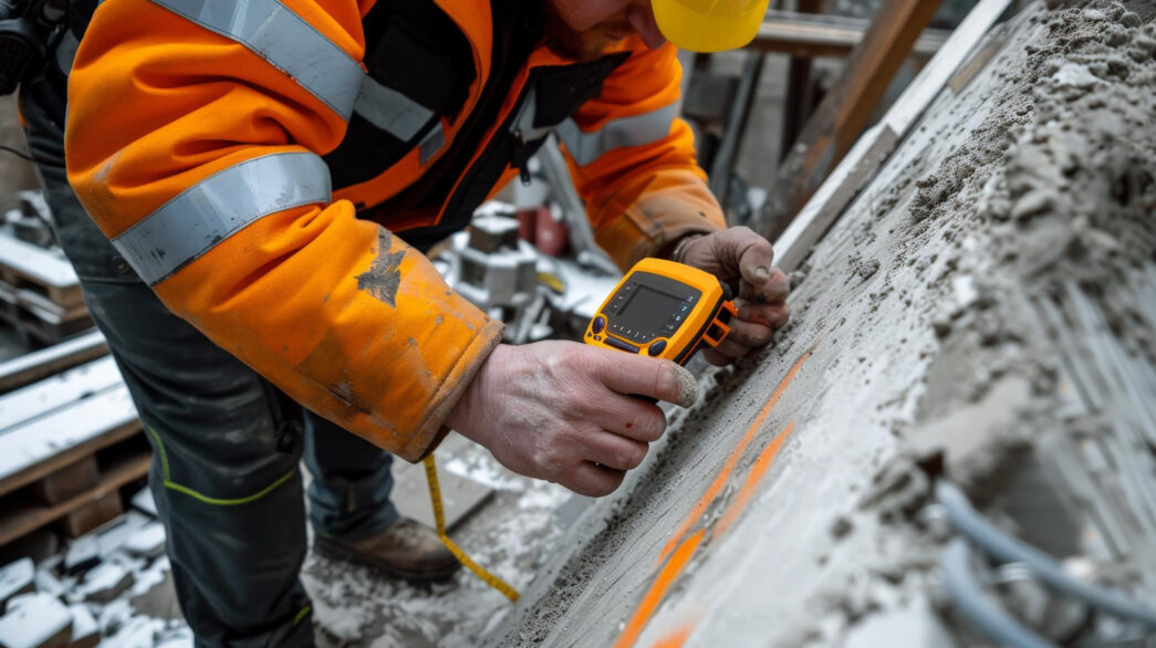 Aplicação de um medidor de resistência ao concreto em uma superfície inclinada durante o ensaio de esclerometria, destacando a precisão na coleta de dados estruturais. - Curso Ensaio de Esclerometria.