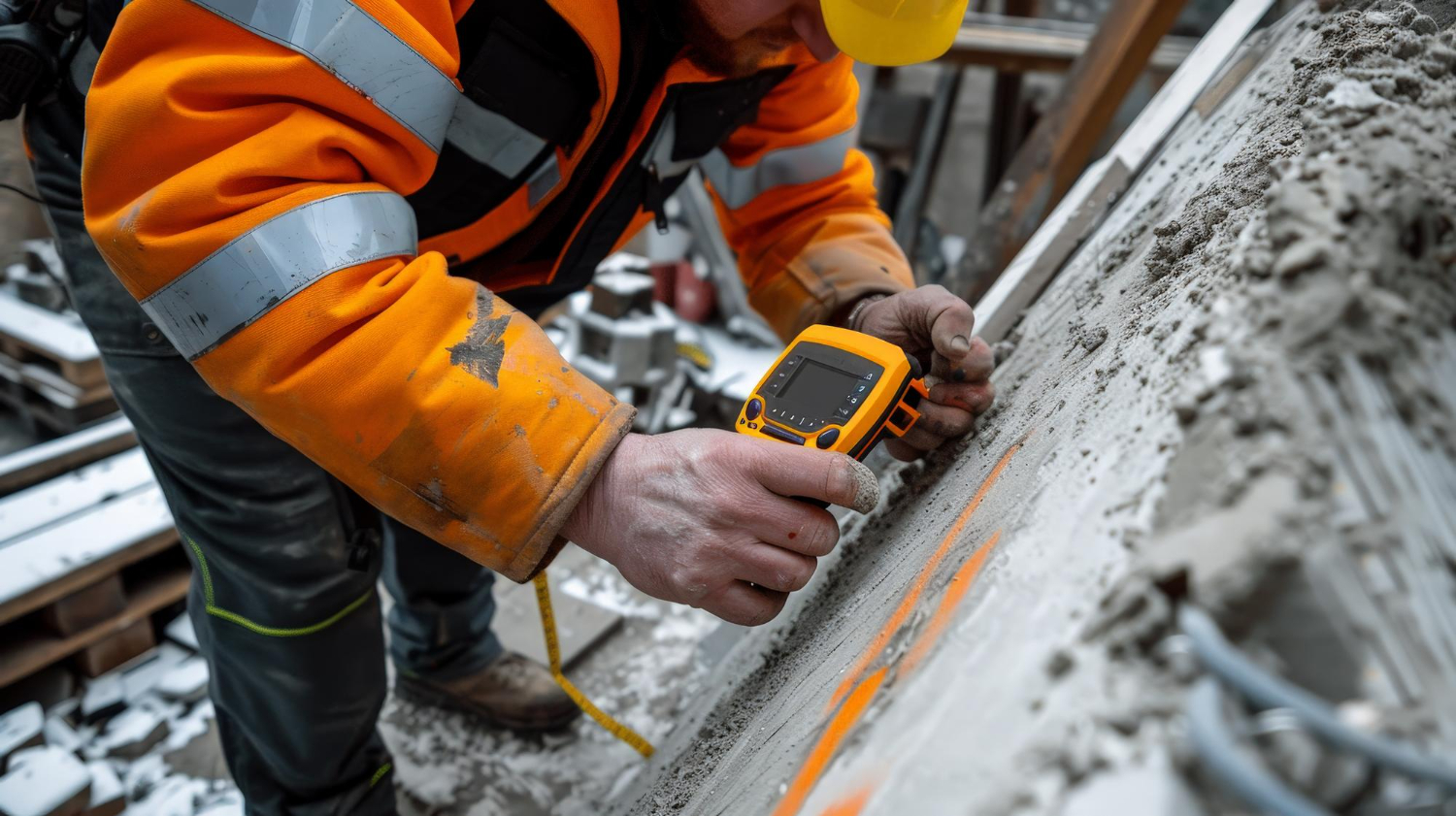 Aplicação de um medidor de resistência ao concreto em uma superfície inclinada durante o ensaio de esclerometria, destacando a precisão na coleta de dados estruturais. - Curso Ensaio de Esclerometria.