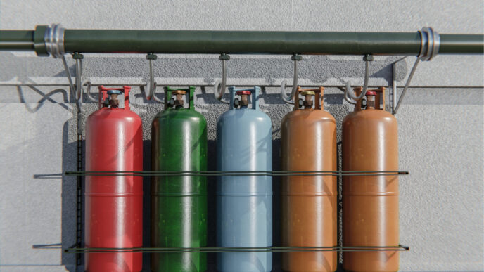 Estrutura de armazenamento fixa para cilindros de gases industriais, com suporte metálico e sistema de retenção, garantindo segurança e acessibilidade para abastecimento ou uso em processos industriais. - Curso Cilindro Oxigênio/Acetileno