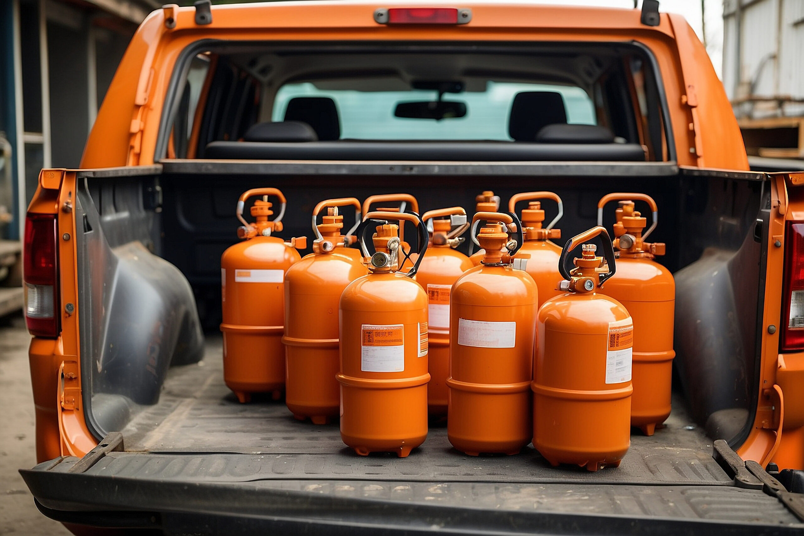Veículo utilitário equipado para transporte de cilindros portáteis de gás comprimido, posicionados em pé sobre uma superfície nivelada na caçamba. - Curso Transporte Cilindros de Gases.