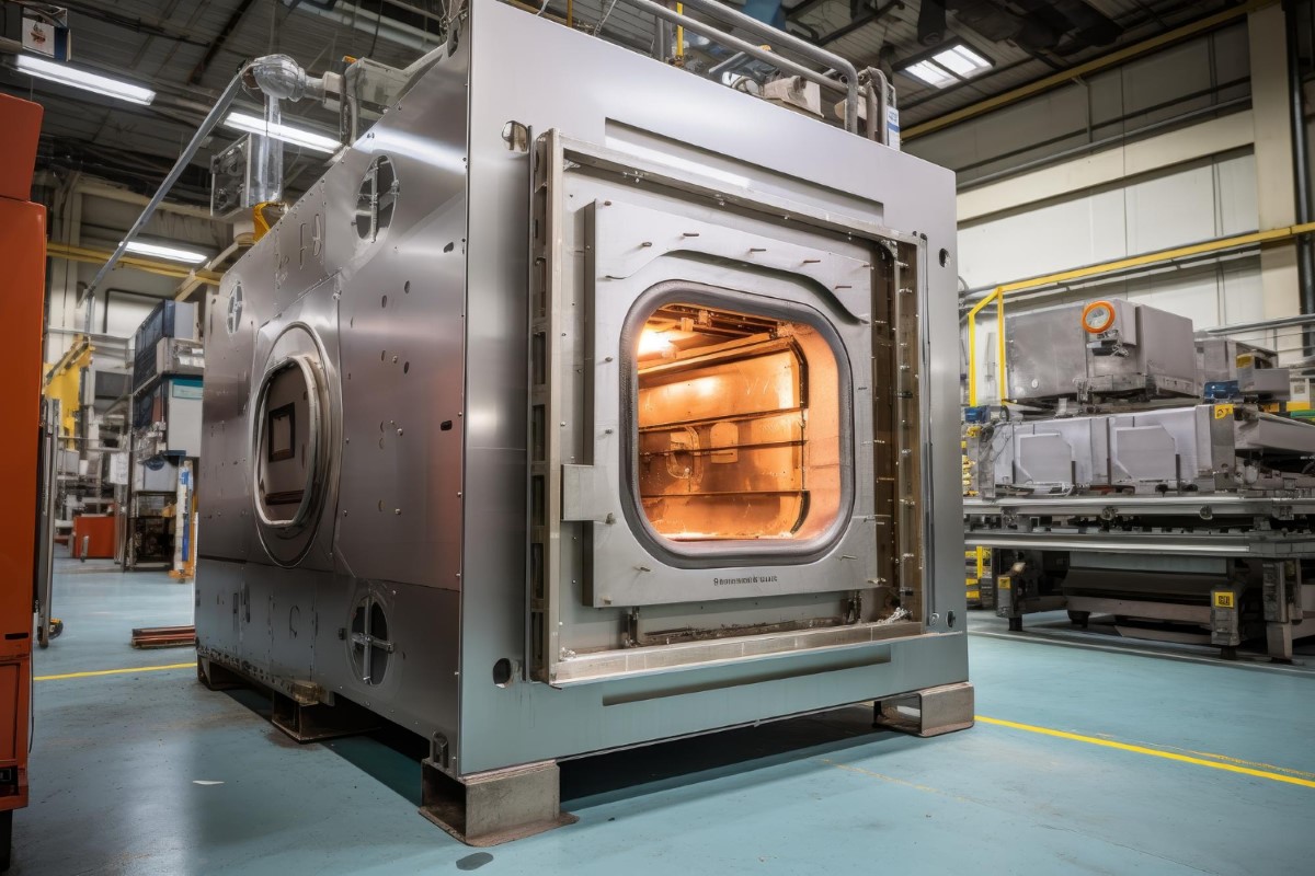Câmara interna exposta durante inspeção técnica, destacando pontos críticos de aquecimento, vedação e desgaste das resistências elétricas.