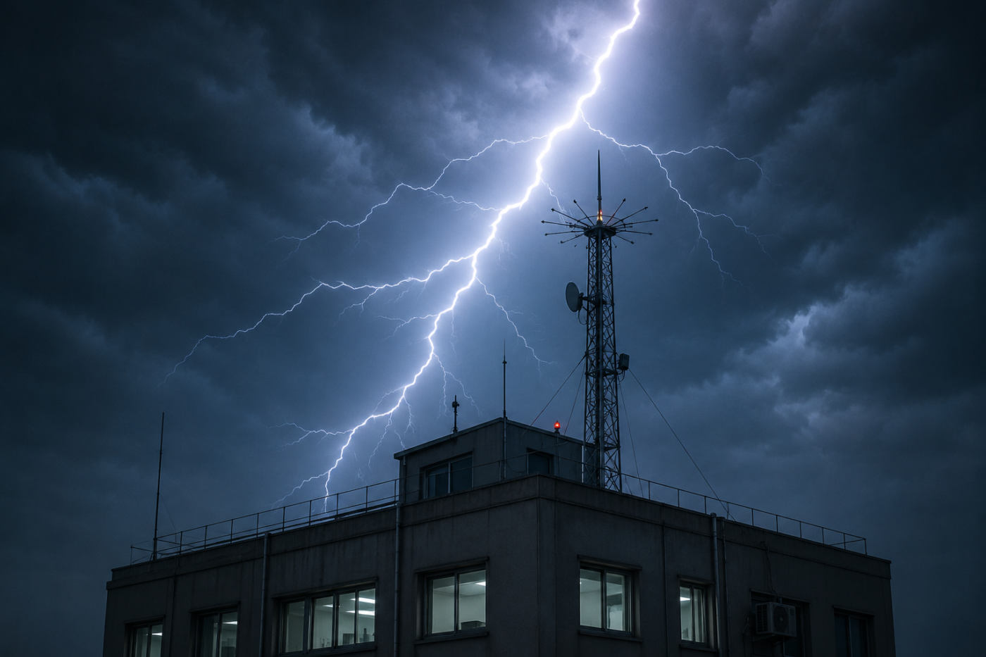 Raio atingindo um sistema de proteção contra descargas atmosféricas instalado em uma edificação.