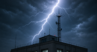 raio-spda-edificacao Raio atingindo um sistema de proteção contra descargas atmosféricas instalado em uma edificação.