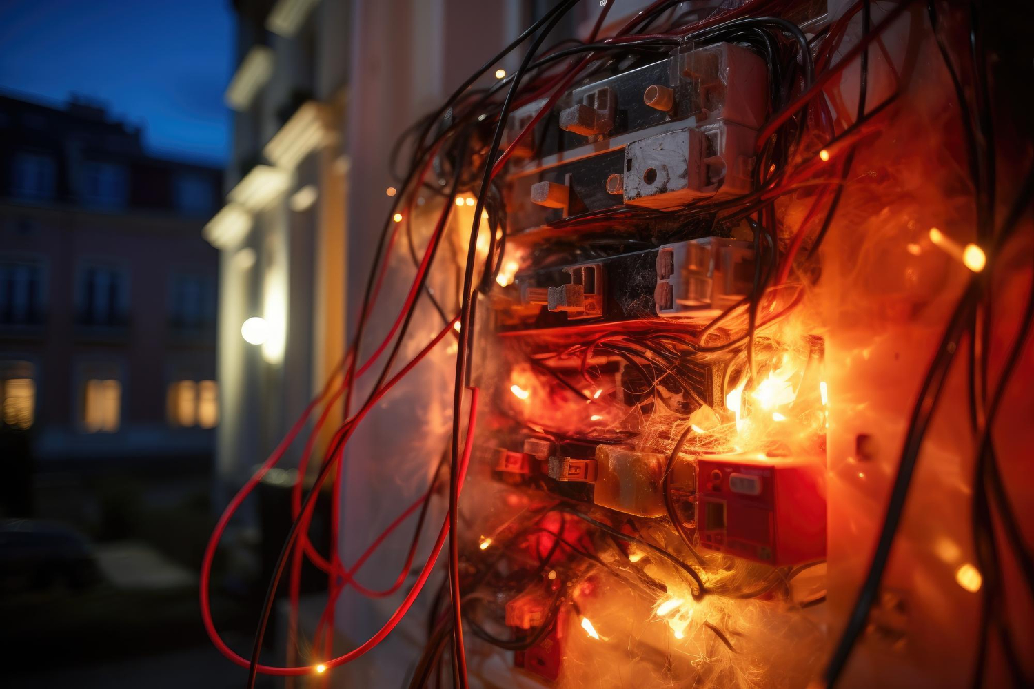 Painel elétrico com faíscas visíveis e fios expostos de fumaça e marcas de queimaduras. -Curso Inspeção Instalações Elétricas IEC60079-17