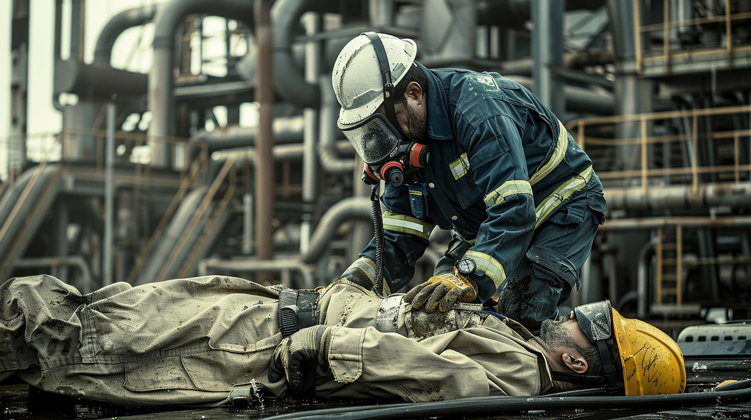 Trabalhador recebendo primeiros socorros a um acidente em um local de trabalho. - Curso NR-33 Salvamento