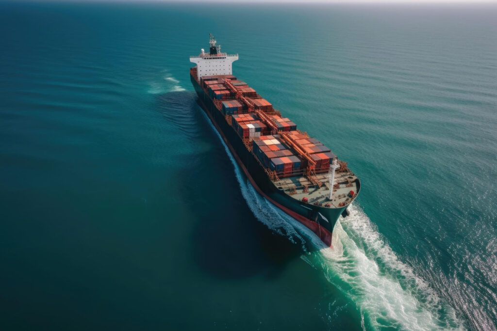 Navio de carga no mar oceânico transportando contêineres. - Navio de carga no mar oceânico transportando contêineres
