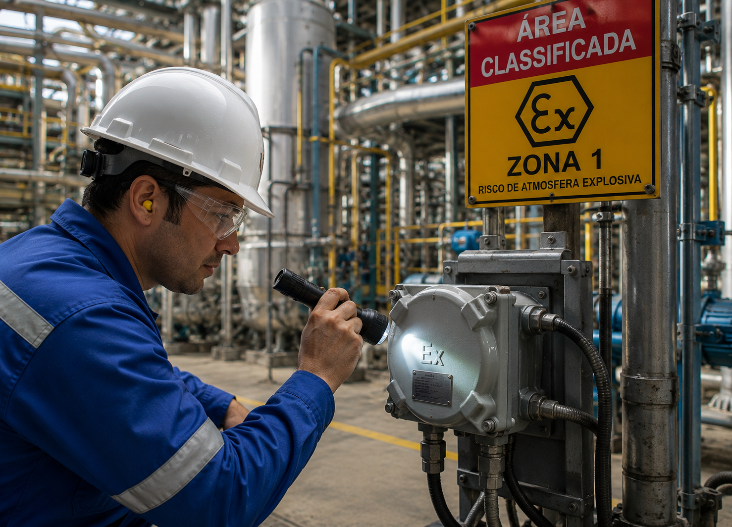 Engenheiro inspecionando equipamento Ex em área classificada com risco de atmosfera explosiva.