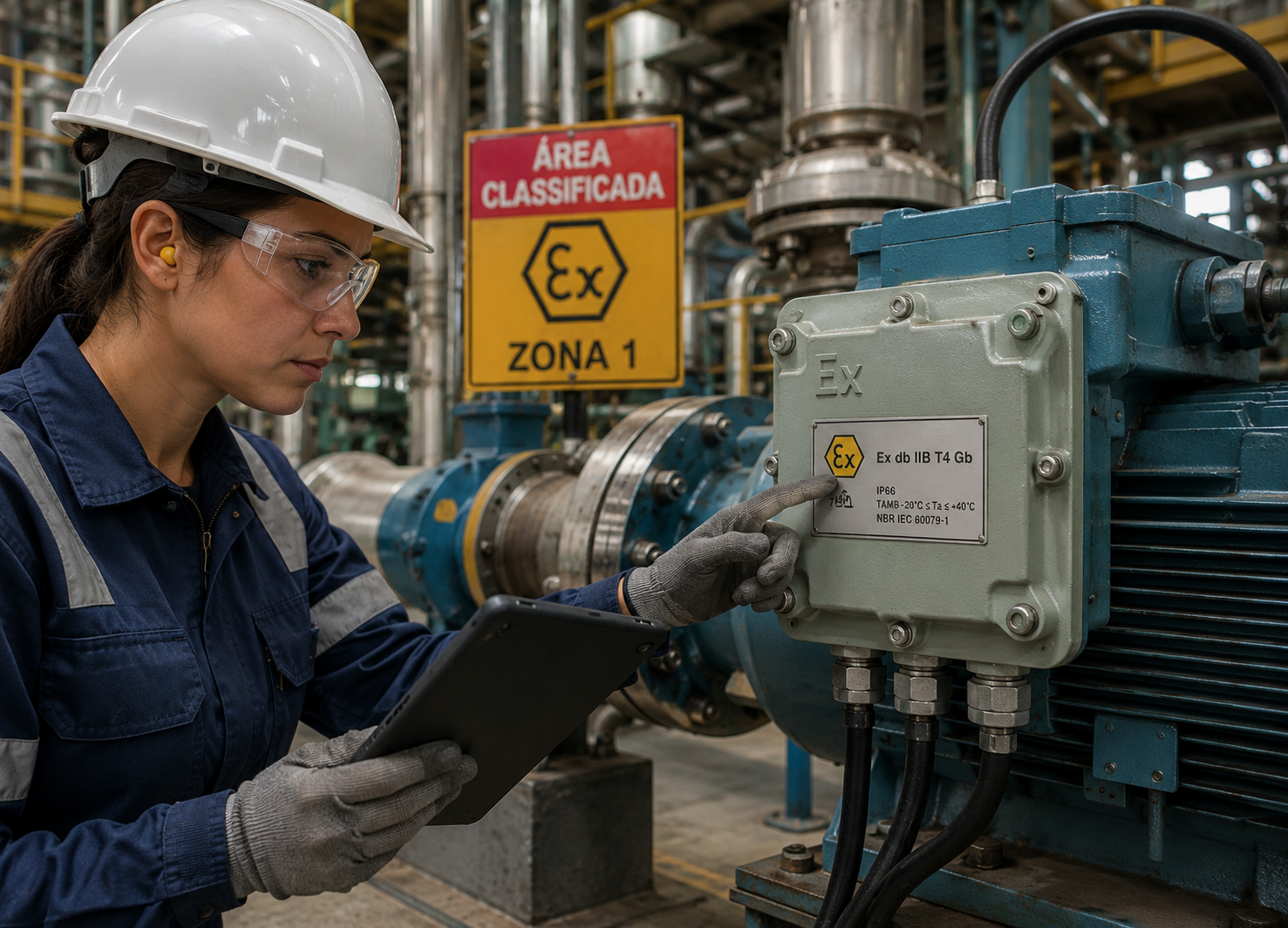 Engenheiro inspecionando equipamento certificado Ex em área classificada de instalação industrial.
