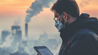 Profissional utilizando EPI (máscara de proteção respiratória) em área urbana impactada por emissões atmosféricas de alta opacidade, classificadas na Escala de Ringelmann entre os níveis 3 e 4, com opacidade variando entre 40% e 80%. - Curso Opacidade Escala Ringelmann.