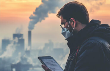 Profissional utilizando EPI (máscara de proteção respiratória) em área urbana impactada por emissões atmosféricas de alta opacidade, classificadas na Escala de Ringelmann entre os níveis 3 e 4, com opacidade variando entre 40% e 80%. Profissional utilizando EPI (máscara de proteção respiratória) em área urbana impactada por emissões atmosféricas de alta opacidade, classificadas na Escala de Ringelmann entre os níveis 3 e 4, com opacidade variando entre 40% e 80%. - Curso Opacidade Escala Ringelmann.