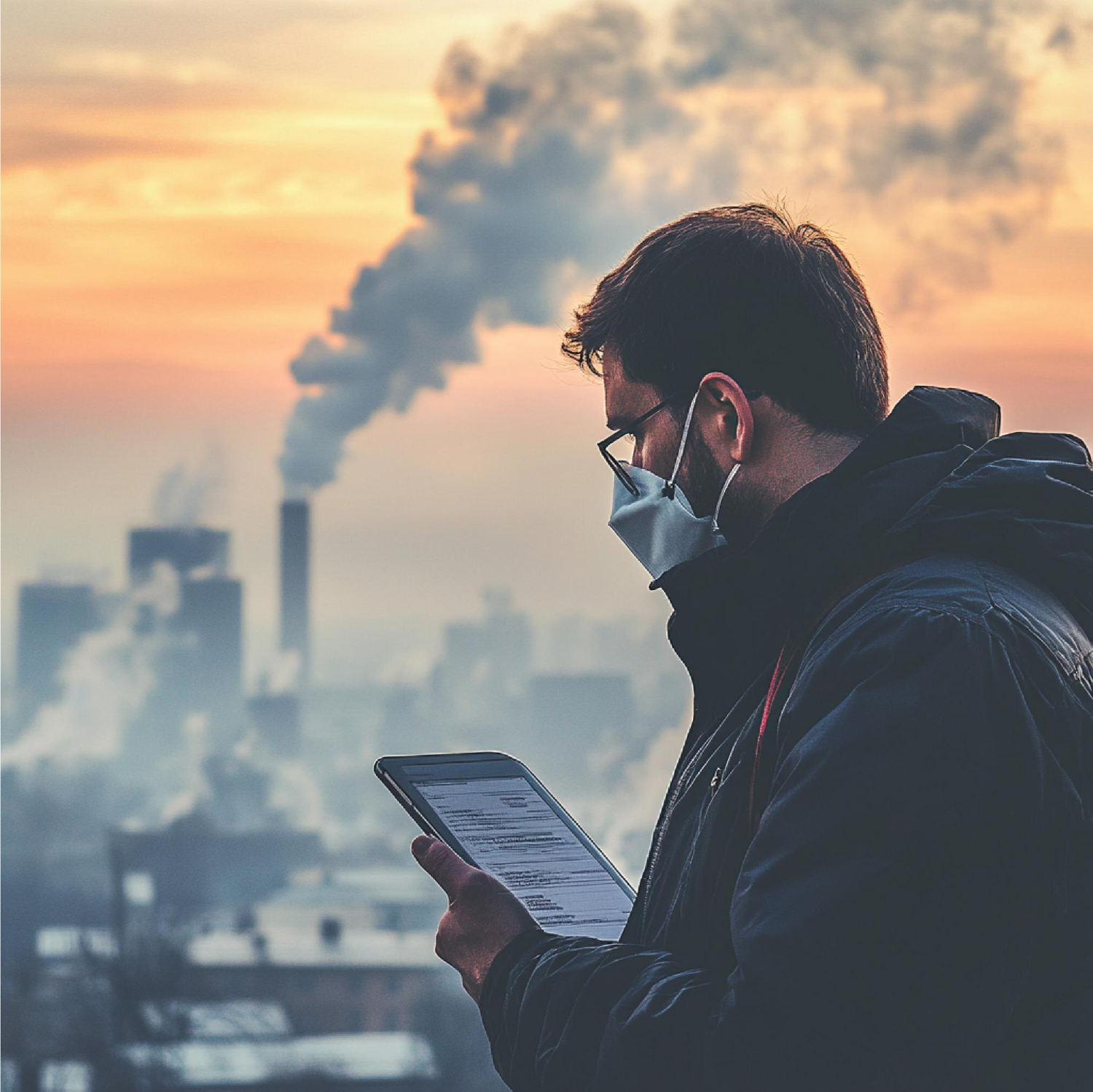 Profissional utilizando EPI (máscara de proteção respiratória) em área urbana impactada por emissões atmosféricas de alta opacidade, classificadas na Escala de Ringelmann entre os níveis 3 e 4, com opacidade variando entre 40% e 80%. - Curso Opacidade Escala Ringelmann.