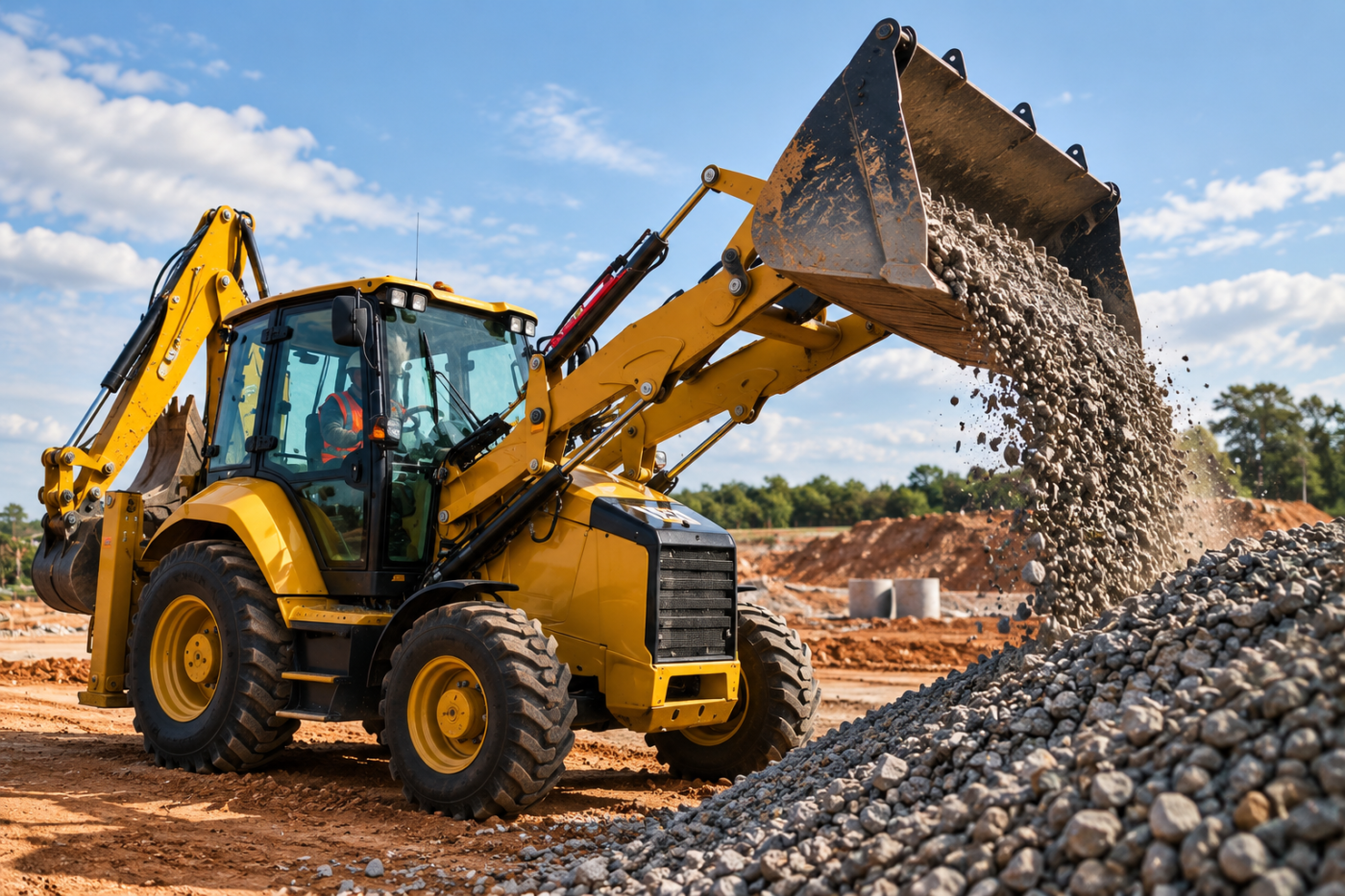 Retroescavadeira em operação durante atividade de movimentação de materiais, equipamento que deve manter condições adequadas de segurança, integridade estrutural e funcionamento operacional.