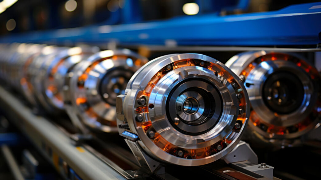 Linha de produção industrial com rolamentos de alta precisão, demonstrando a importância da manutenção adequada para assegurar o desempenho contínuo e eficiente dos equipamentos. - Curso Manutenção Rolamentos.