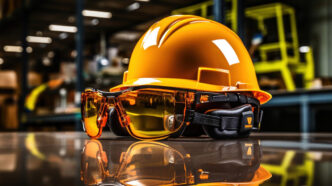 EPIs prontos para uso: capacete, óculos e abafador, proteção essencial conforme NR 06. - Curso NR 06 em Mandarim.