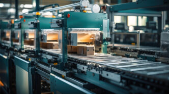 Linha de produção com máquinas injetoras automatizadas, operando em ciclos contínuos para alta produtividade. - Curso Processo Injeção.