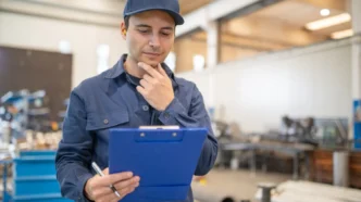 Trabalhador analisando um documento de parecer técnico em uma grande instalação industrial