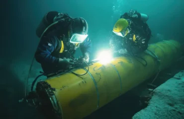 Mergulhadores inspecionando dutos – Verificação de corrosão e falhas estruturais em tubulações submarinas.