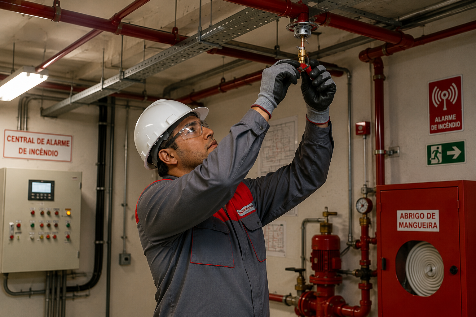 Técnico realiza inspeção e ajuste em sprinkler durante manutenção preventiva do sistema de combate a incêndio, garantindo segurança e confiabilidade da instalação.