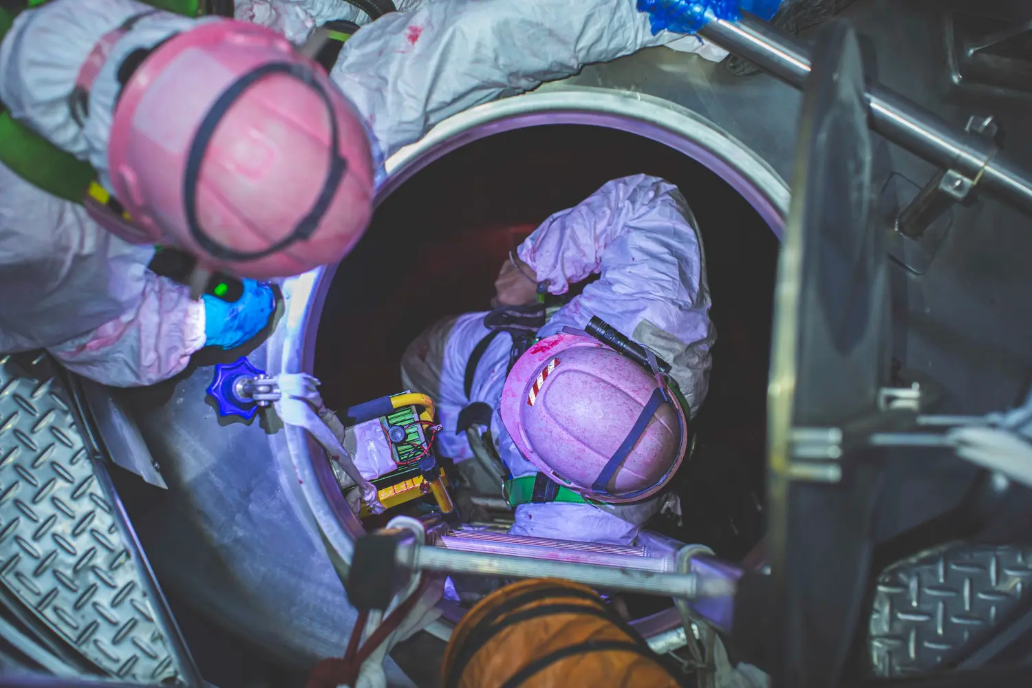Procedimento de entrada em espaço confinado com tripé, detector multigás e linha de vida conforme protocolos de resgate técnico.
