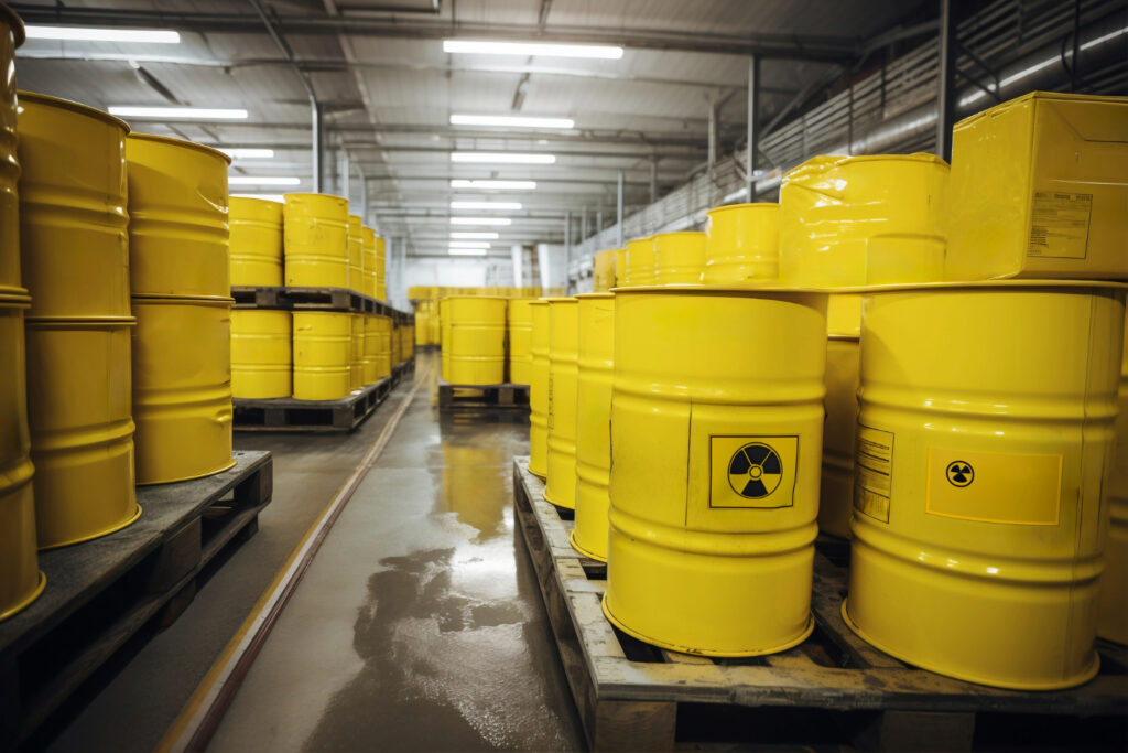 Armazenamento de materiais perigosos com identificação clara de risco radiológico. A segregação, sinalização e disposição dos recipientes seguem critérios técnicos de segurança operacional e controle normativo. - Consultoria Armazenamento Produtos Perigosos.