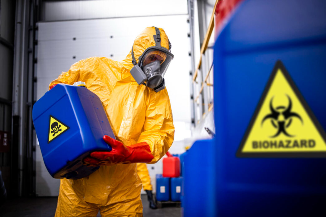 Procedimento inicial de contenção e classificação de risco biológico/químico em ambiente de laboratório ou isolamento.