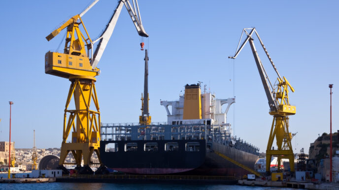 Guindastes com aplicação portuária para apoio logístico em atividades de carga e descarga de navios. Apesar de não estarem embarcados, seguem princípios similares aos guindastes offshore quanto à estabilidade, capacidade de carga e segurança operacional.