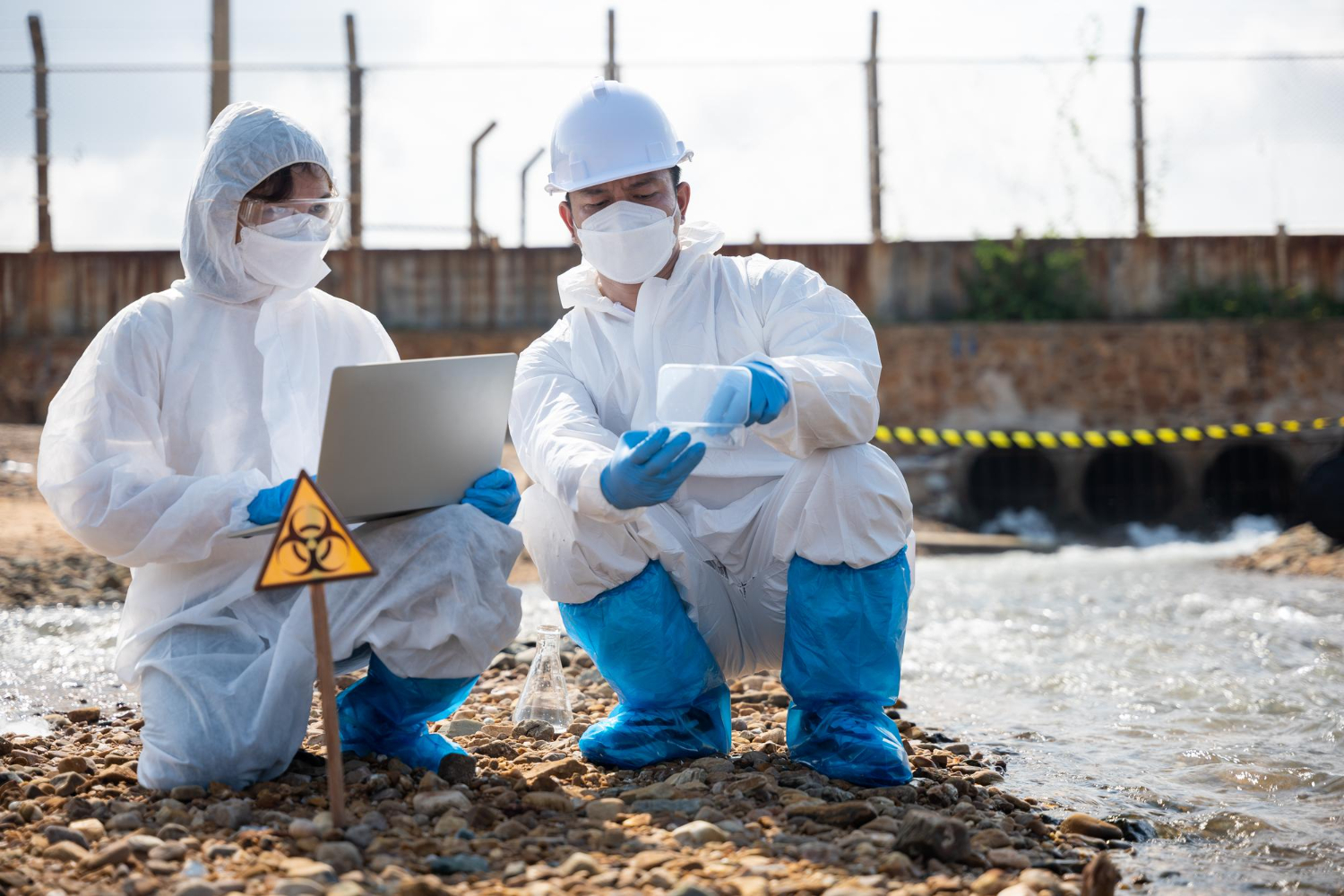 Procedimento de amostragem e análise in situ em corpo hídrico adjacente a área com potencial contaminação radioativa. A atuação segue protocolo de investigação confirmatória, com foco na determinação de atividade específica (Bq/L) e modelagem da pluma subterrânea.
