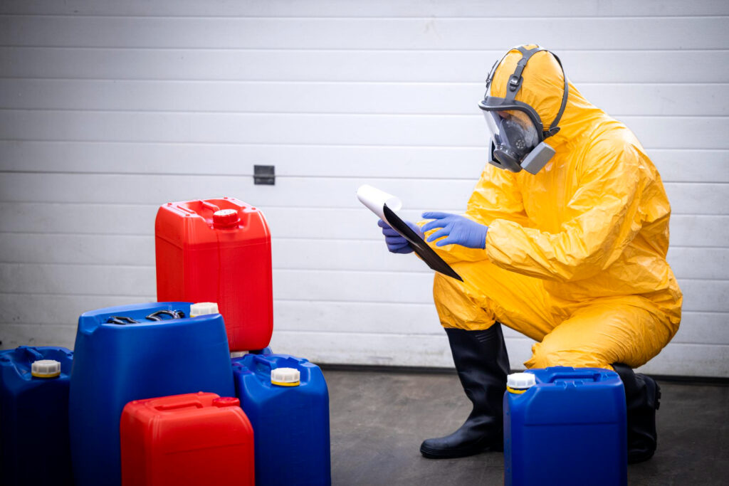 Técnico equipado com traje de proteção química nível C inspeciona recipientes contendo substâncias perigosas em ambiente confinado, realizando leitura operacional de dados e avaliação de compatibilidade de materiais. - Treinamento Emergência Química Intermediário.