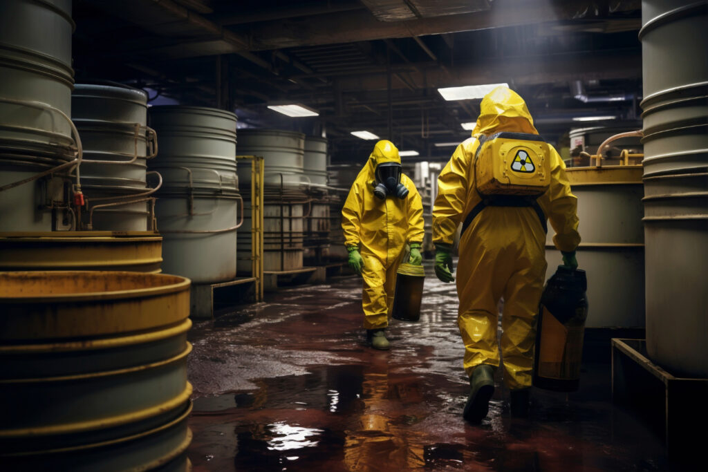 Técnicos em operação controlada utilizando EPIs completos em área de manipulação de resíduos perigosos. A atuação segue protocolos de segurança radiológica e normas para prevenção de contaminações e acidentes. - Consultoria Armazenamento Produtos Perigosos.