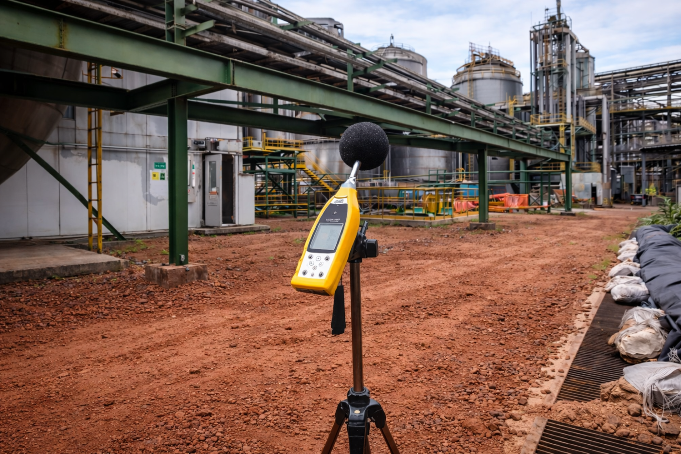 equipamento de sonometria instalado em campo para avaliação dos níveis de pressão sonora em ambiente industrial, procedimento essencial para análise de conformidade com limites ocupacionais e ambientais estabelecidos por normas técnicas e regulamentadoras.