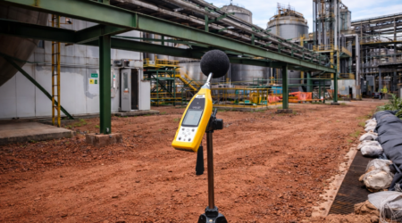 equipamento de sonometria instalado em campo para avaliação dos níveis de pressão sonora em ambiente industrial, procedimento essencial para análise de conformidade com limites ocupacionais e ambientais estabelecidos por normas técnicas e regulamentadoras.