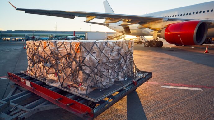 Palete aéreo pronto para embarque: a correta rotulagem, embalagem e fixação de cargas perigosas são exigências mandatórias da IATA para garantir segurança durante o voo e conformidade internacional.