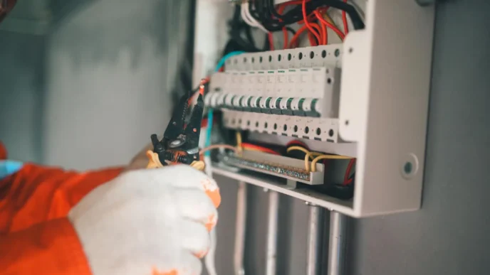 Técnico realiza decapagem de condutores em sistema de proteção com seccionamento visível. O painel está identificado e isolado, como exige o prontuário da instalação elétrica.