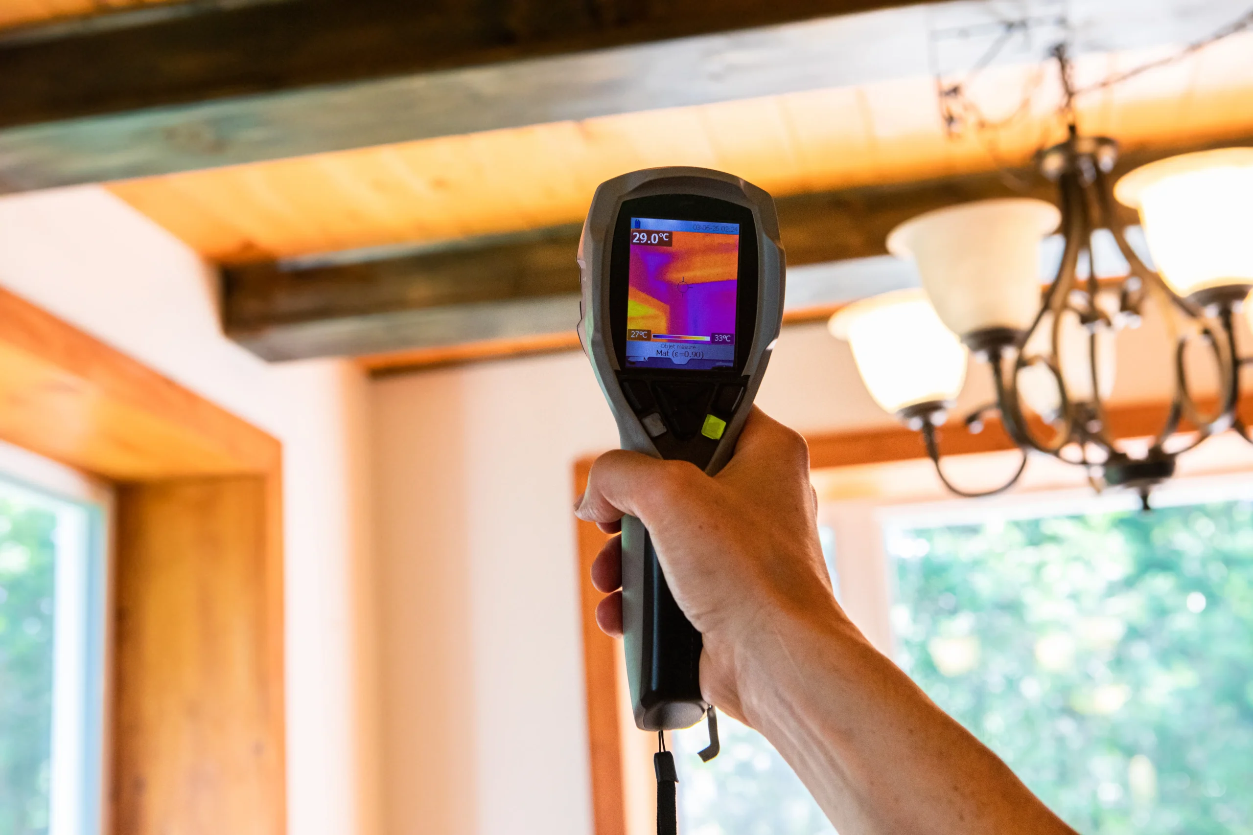 Avaliação de isolamento térmico e possíveis infiltrações de calor em estrutura de madeira e forro. Ideal para diagnósticos de eficiência energética e vazamentos ocultos.