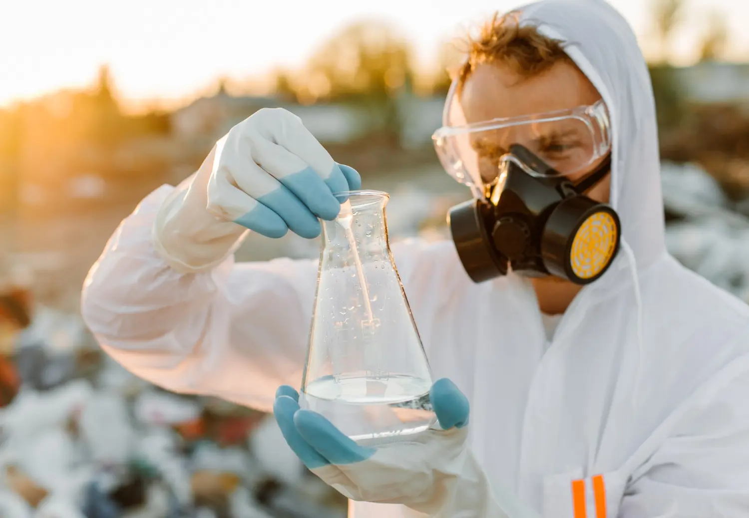 Coleta de amostra química em campo, com respirador e vestimenta contra vapores tóxicos.