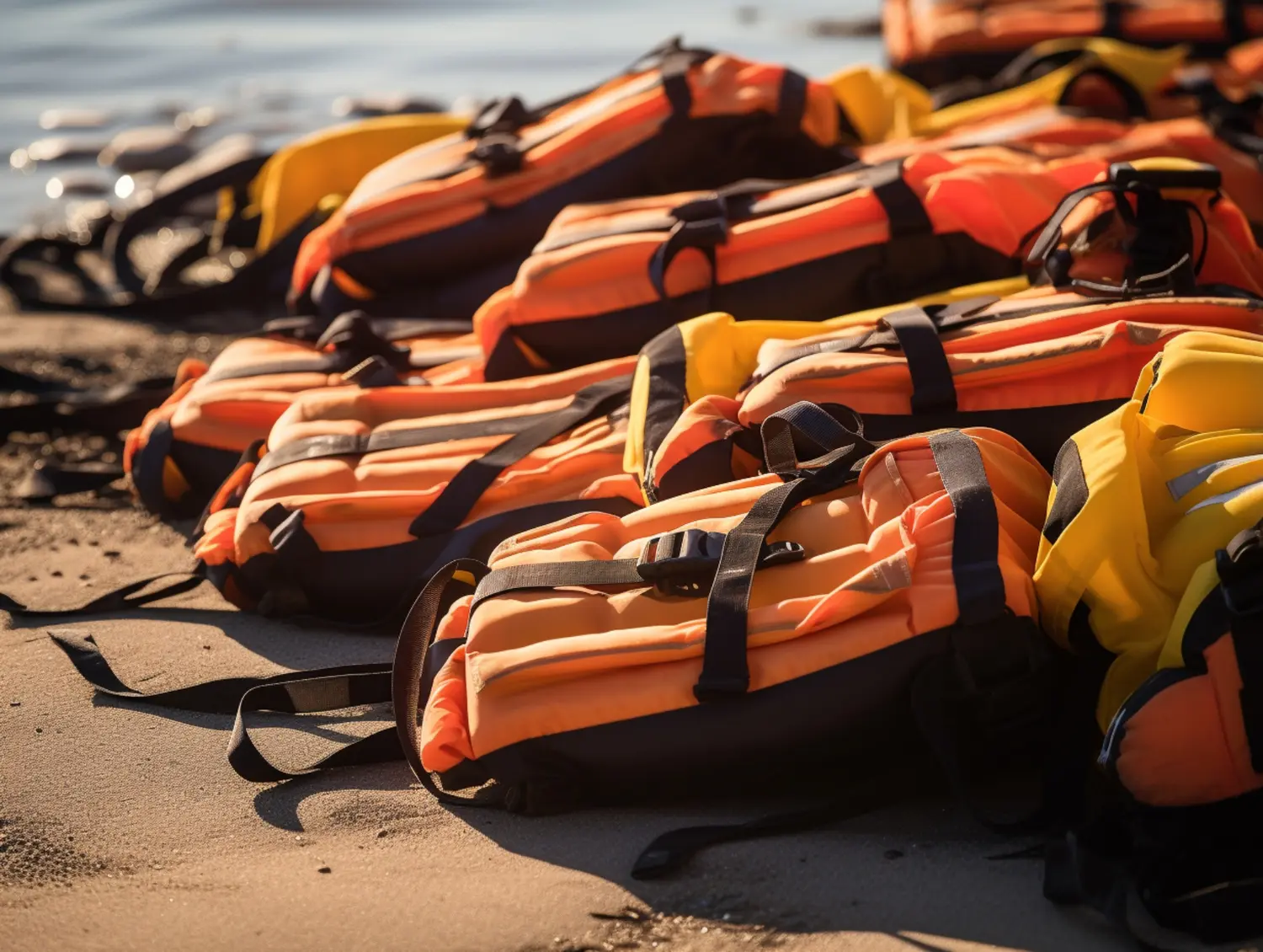 Equipamentos de salvatagem organizados para simulação de abandono – coletes salva-vidas inspecionados e prontos para uso em treinamento prático de CBSP